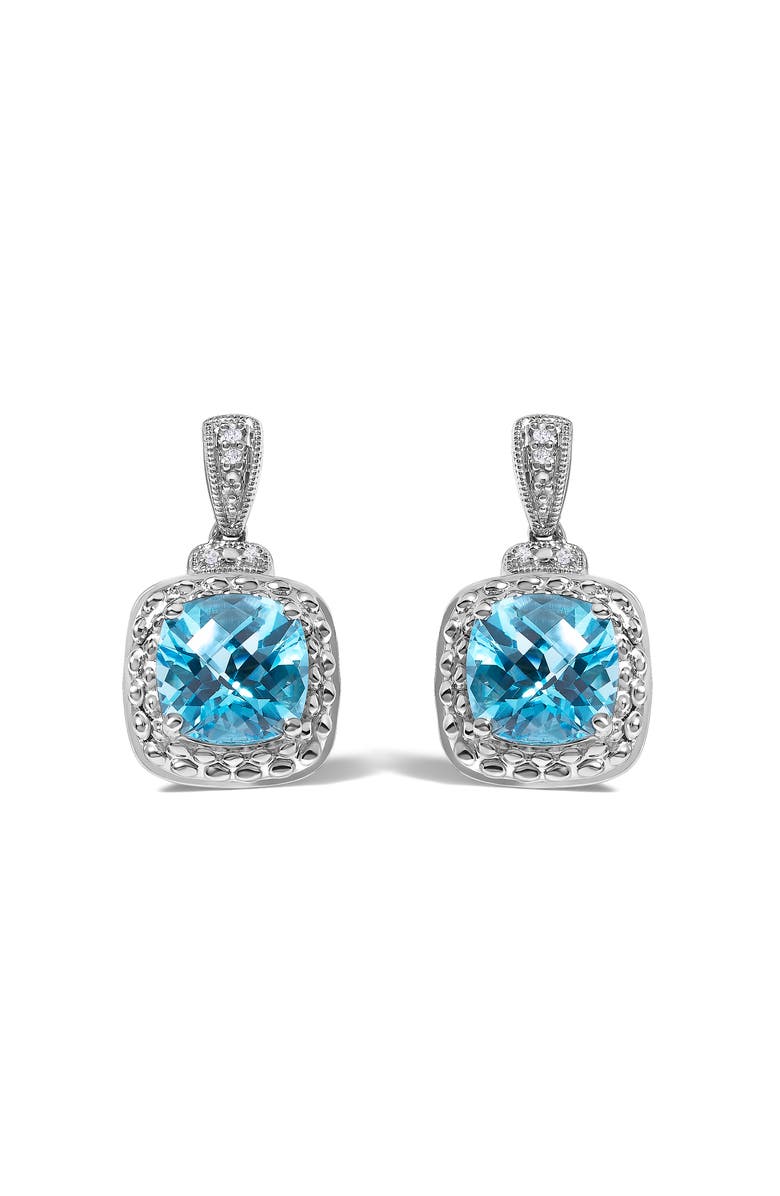 Haus of Brilliance Sterling Silver 8x8mm Cushion Cut Blue Topaz and Diamond Accent Drop Earrings, Main, color, Silver