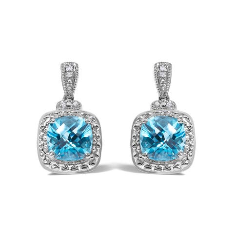 Sterling Silver 8x8mm Cushion Cut Blue Topaz and Diamond Accent Drop Earrings