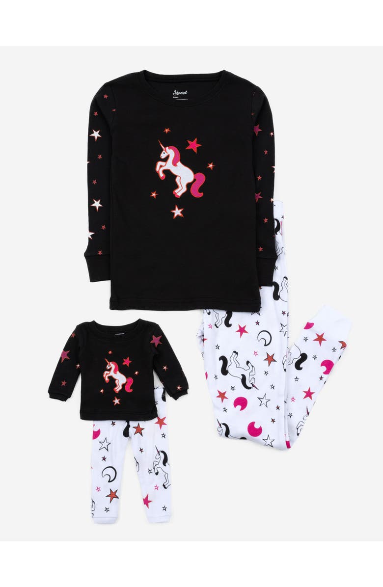 Leveret Girls Matching Doll Printed Cotton Pajamas, Fantasy & Character Prints, Main, color, Unicorn Black