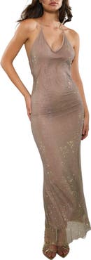 Rare London Diamante Mesh Halter Neck Gown