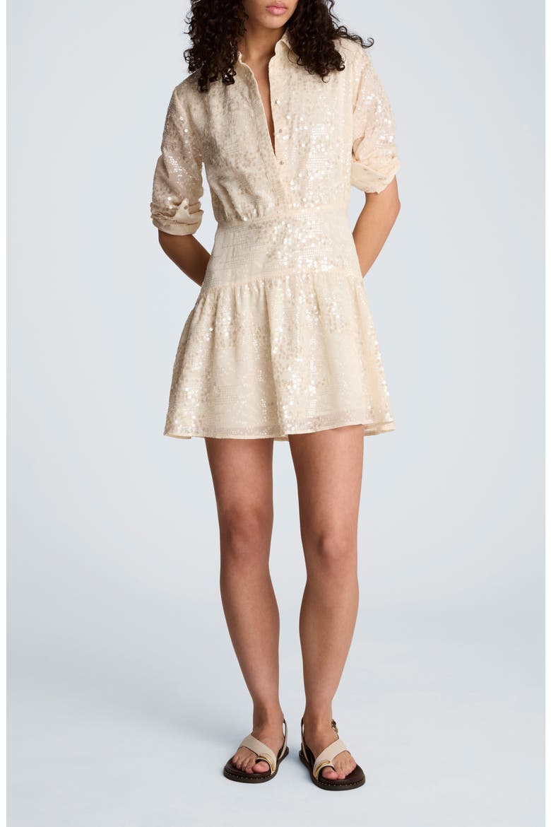 Sequin Flare Long Sleeve Mini Shirtdress, Main, color, OYSTER