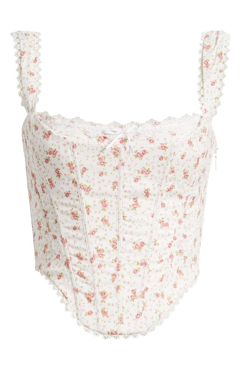 HOUSE OF CB Adina Floral Lace Trim Stretch Cotton Corset Top, Main, color, White Rose