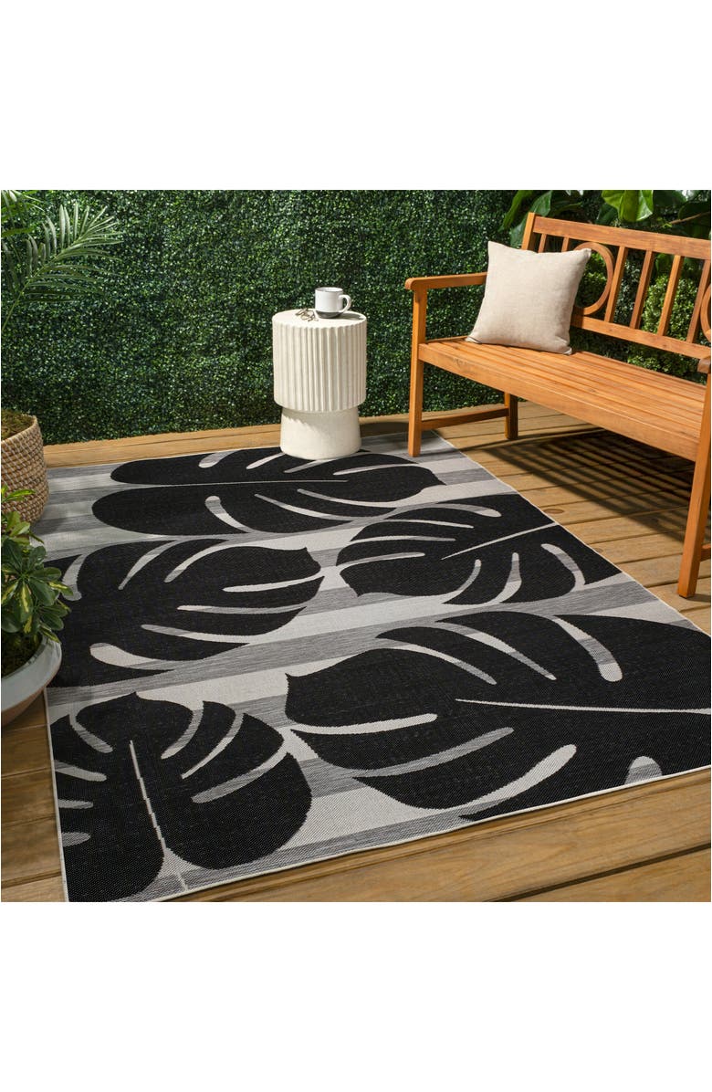 JONATHAN Y Allison Classic Beach Stripe and Monstera Leaf Indoor/Outdoor Area Rug, Alternate, color, Black/Gray