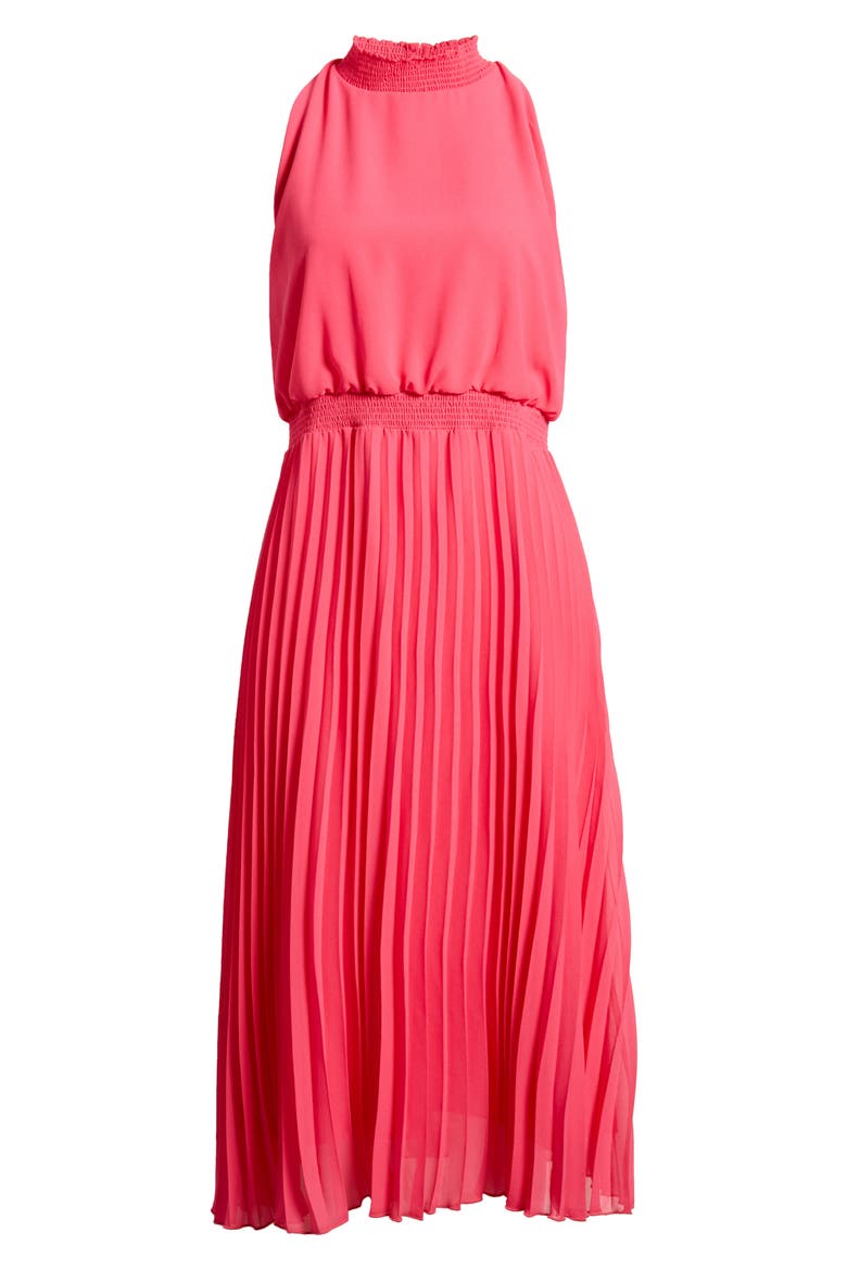 Smocked Plissé Midi Dress, Alternate, color, HOT PINK