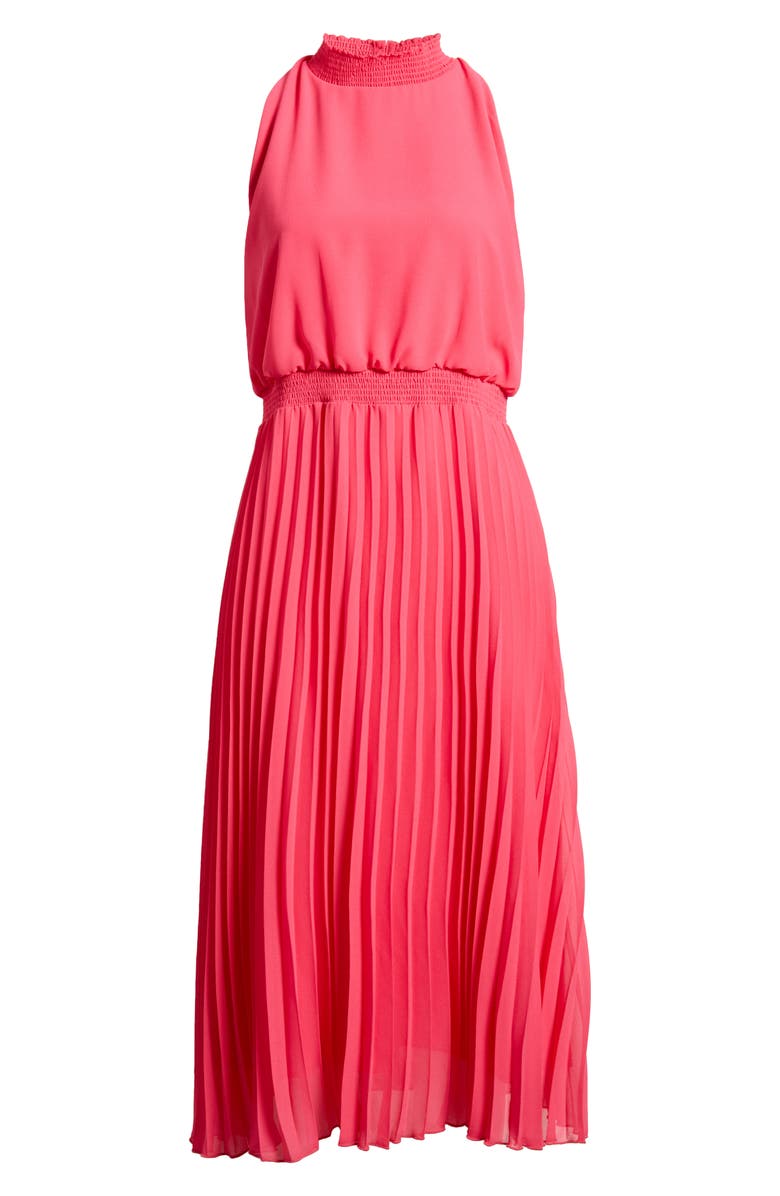 Sam Edelman Smocked Plissé Midi Dress, Alternate, color, Hot Pink