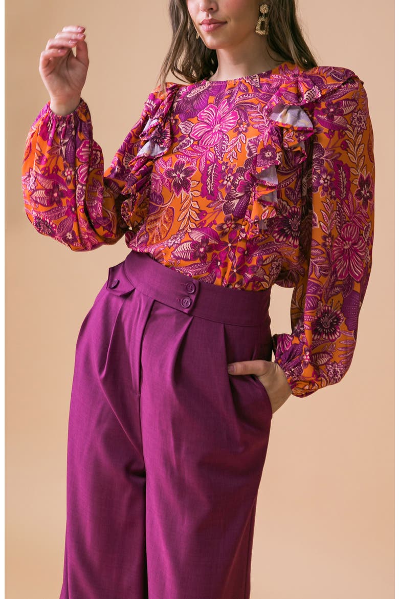 Floral Ruffle Long Sleeve Top, Alternate, color, RUST MAGENTA