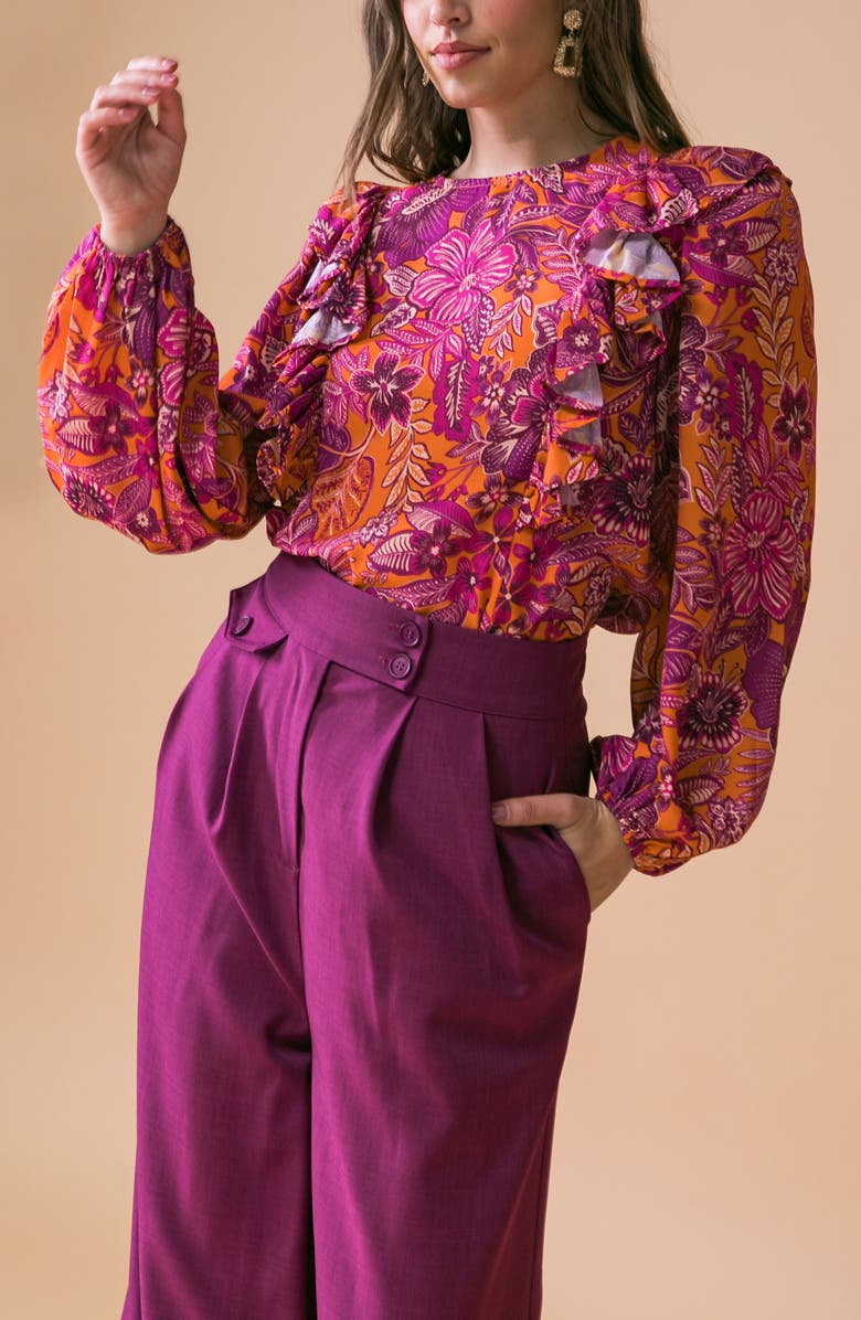 FLYING TOMATO Floral Ruffle Long Sleeve Top, Alternate, color, Rust Magenta