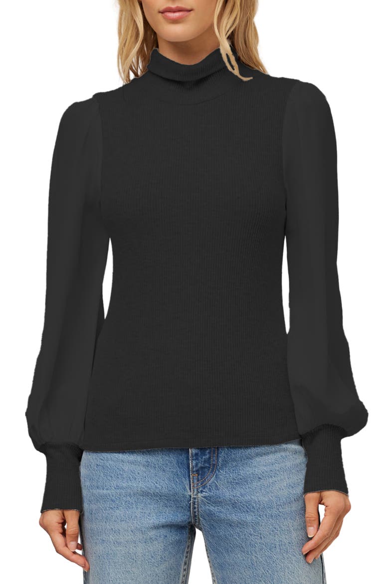 Lisette Mixed Media Turtleneck Top, Main, color, BLACK