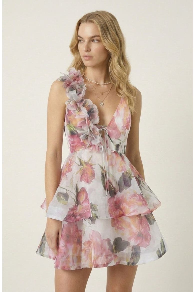 Floral Ruffle Layer Tie Waist Mini Dress, Alternate, color, White