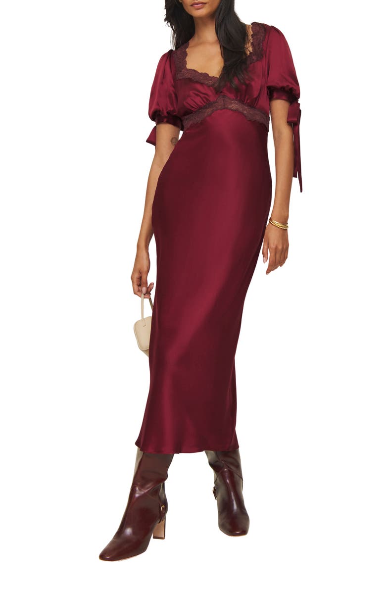 Reformation x Kacey Musgraves Stella Lace Trim Silk Midi Dress, Main, color, Crimson Clover