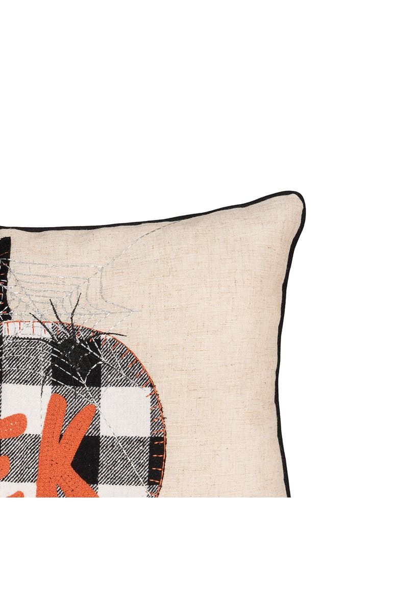 Franklin Plaid Black Pumpkin "Eek" Spider Web Halloween Linen Accent Pillow, 14" x 22", Alternate, color, Beige