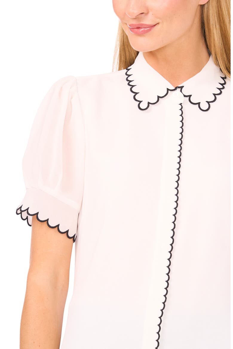 Scallop Trim Puff Sleeve Button-Up Shirt, Alternate, color, NEW IVORY