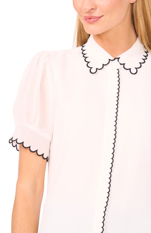 Cece Scallop Trim Puff Sleeve Button-up Shirt In White