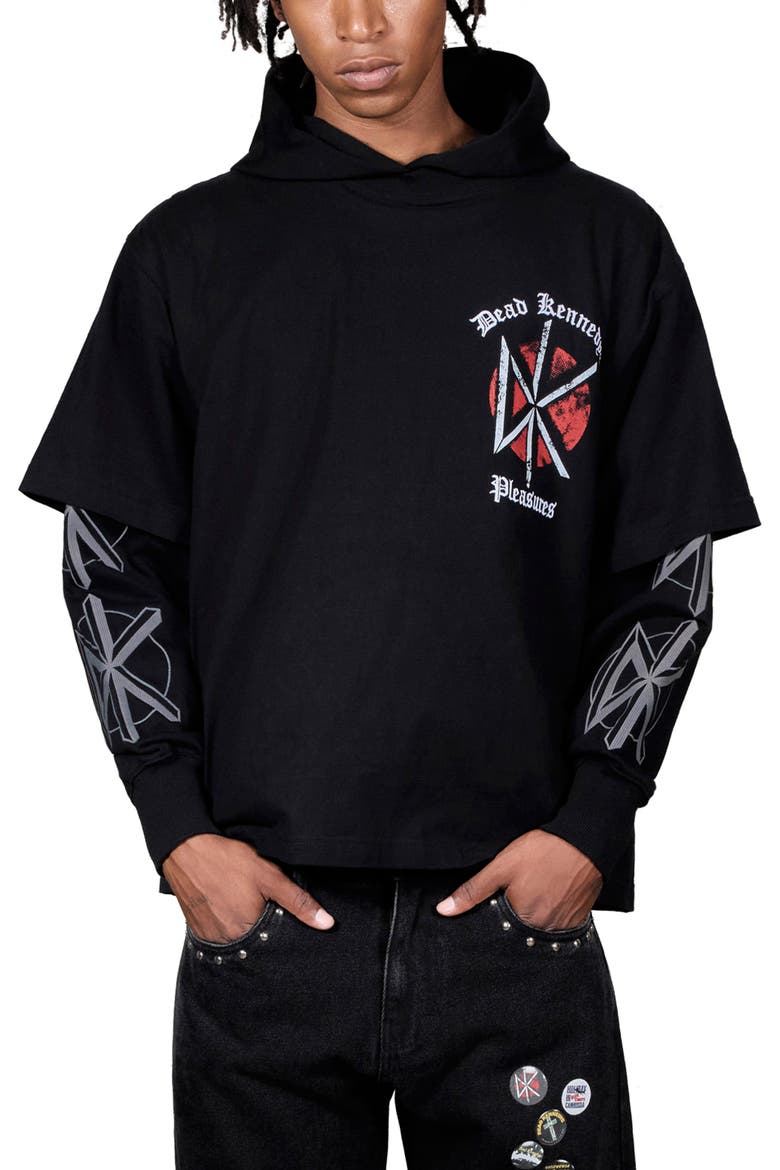 Dead Kennedys Studded Layered Look Graphic Hoodie, Main, color, BLACK