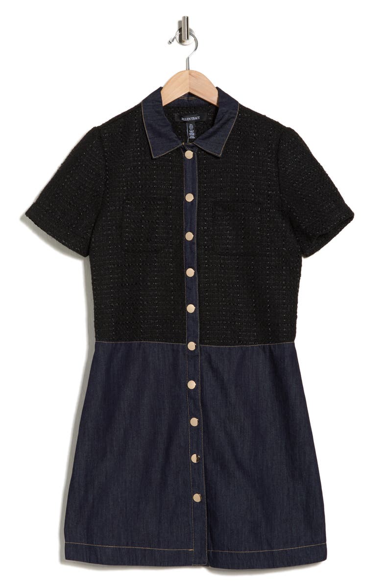 Ellen Tracy Mixed Media Shirtdress, Alternate, color, Black/ Blue