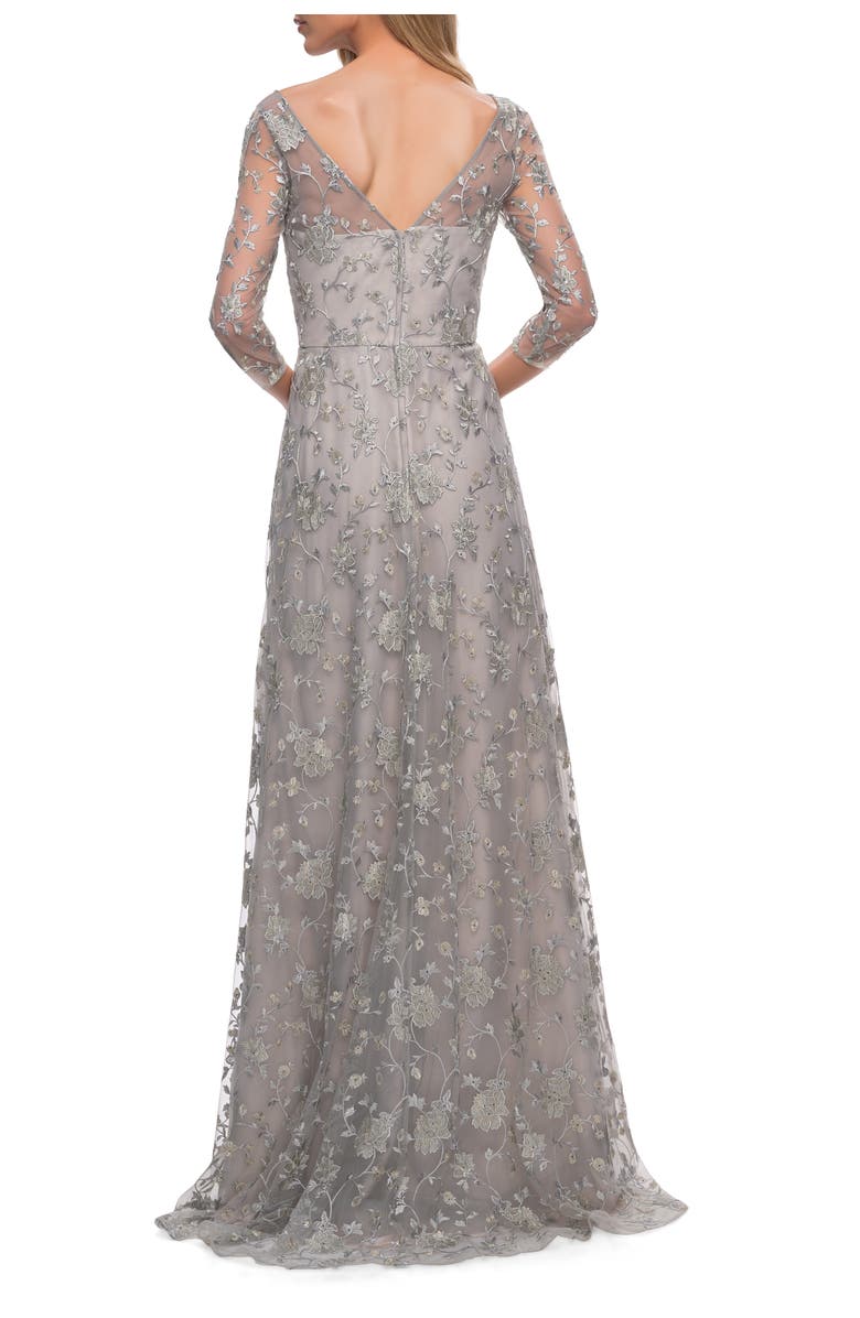 La Femme Lace Dress with Three-Quarter Sleeves and Illusion Neckline, Alternate, color, Pearl Silver