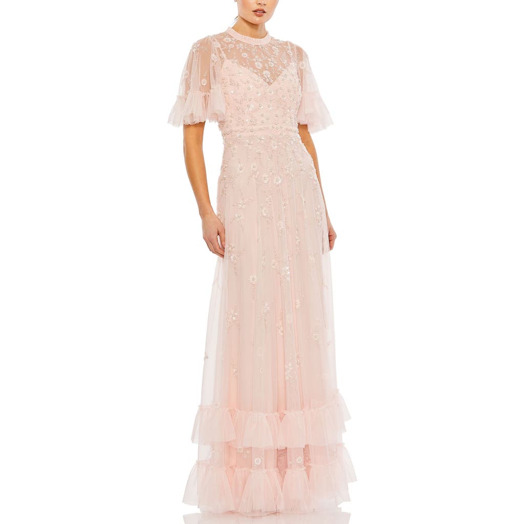 Mac Duggal Floral Embellished Flutter Sleeve A Line Gown In Peach