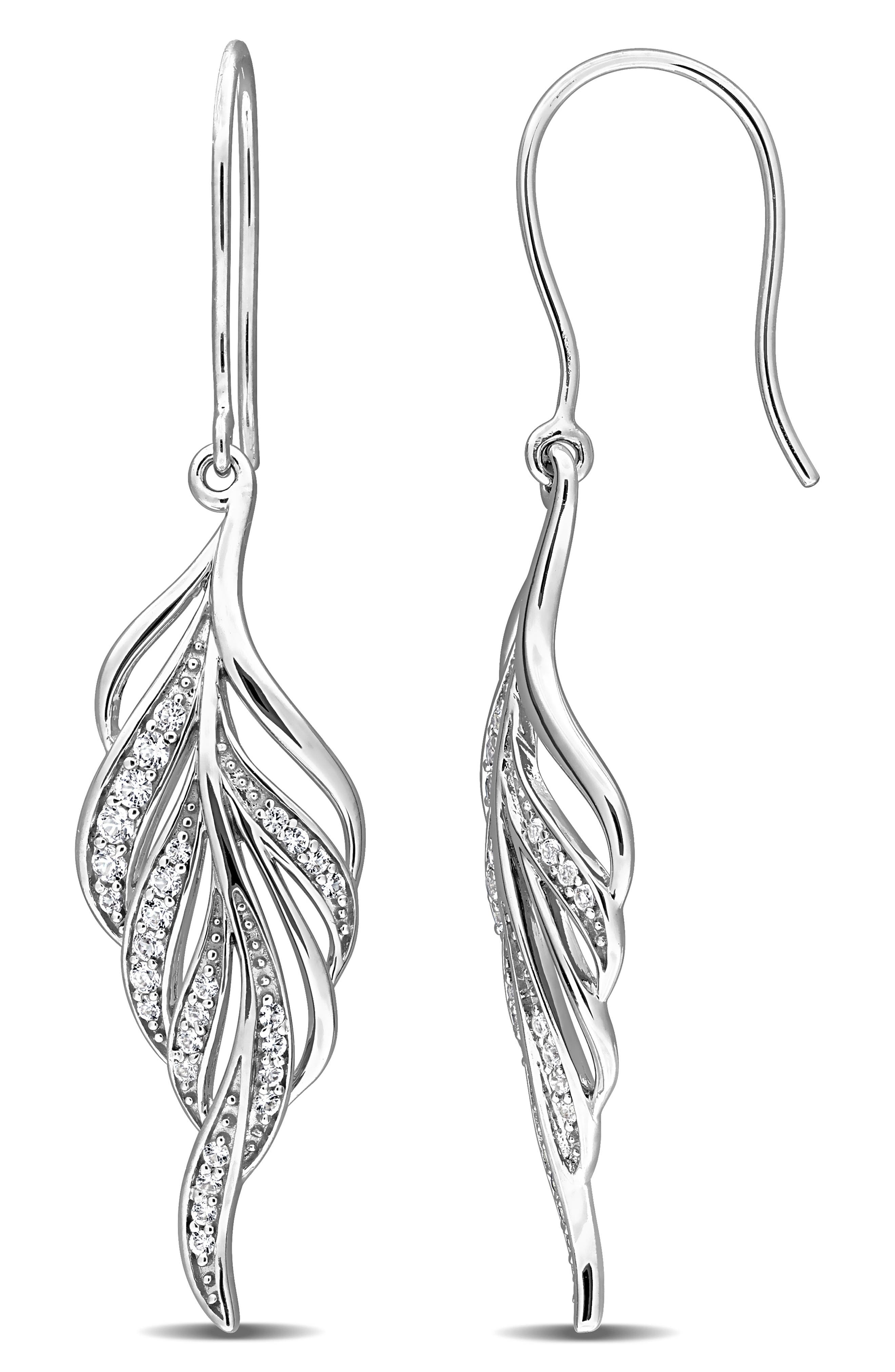 Created White Sapphire Sterling Silver Feather Drop Earrings