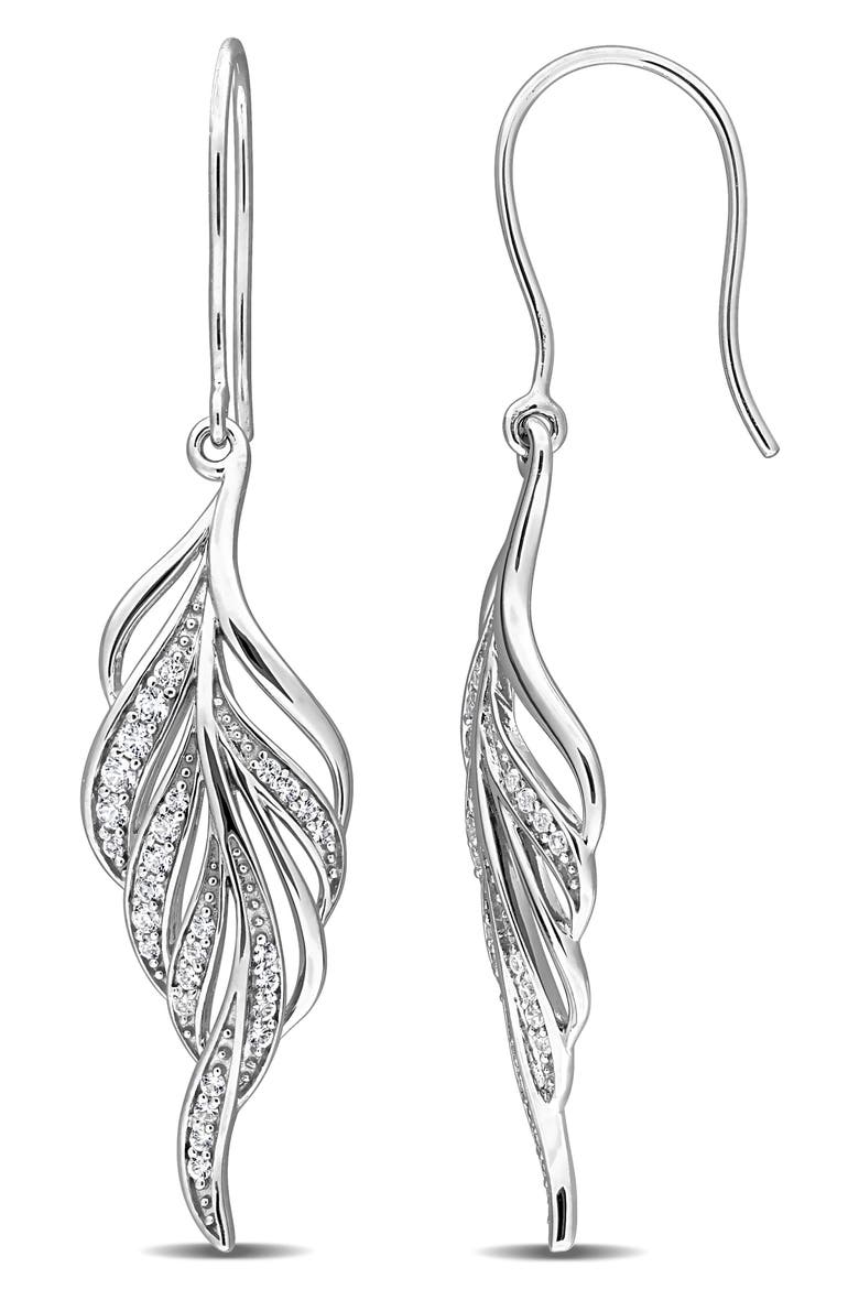 Created White Sapphire Sterling Silver Feather Drop Earrings, Main, color, SILVER