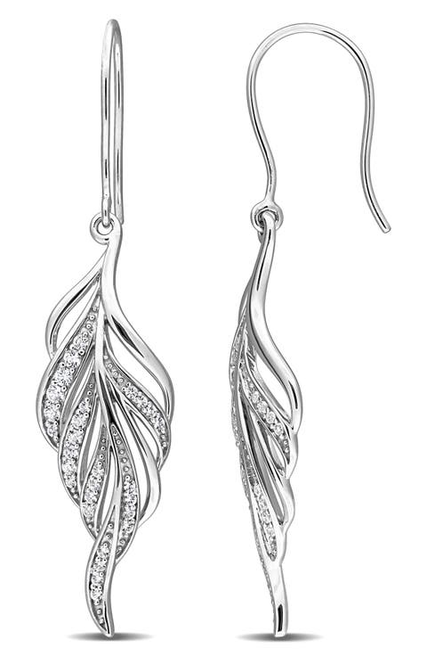 Created White Sapphire Sterling Silver Feather Drop Earrings