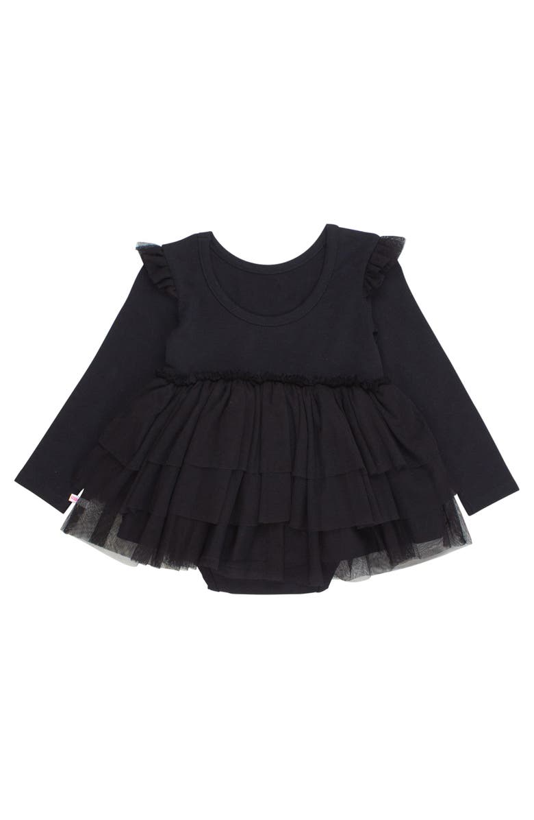 RuffleButts Baby Girls Flutter Tulle Long Sleeve Twirl Romper, Alternate, color, Black