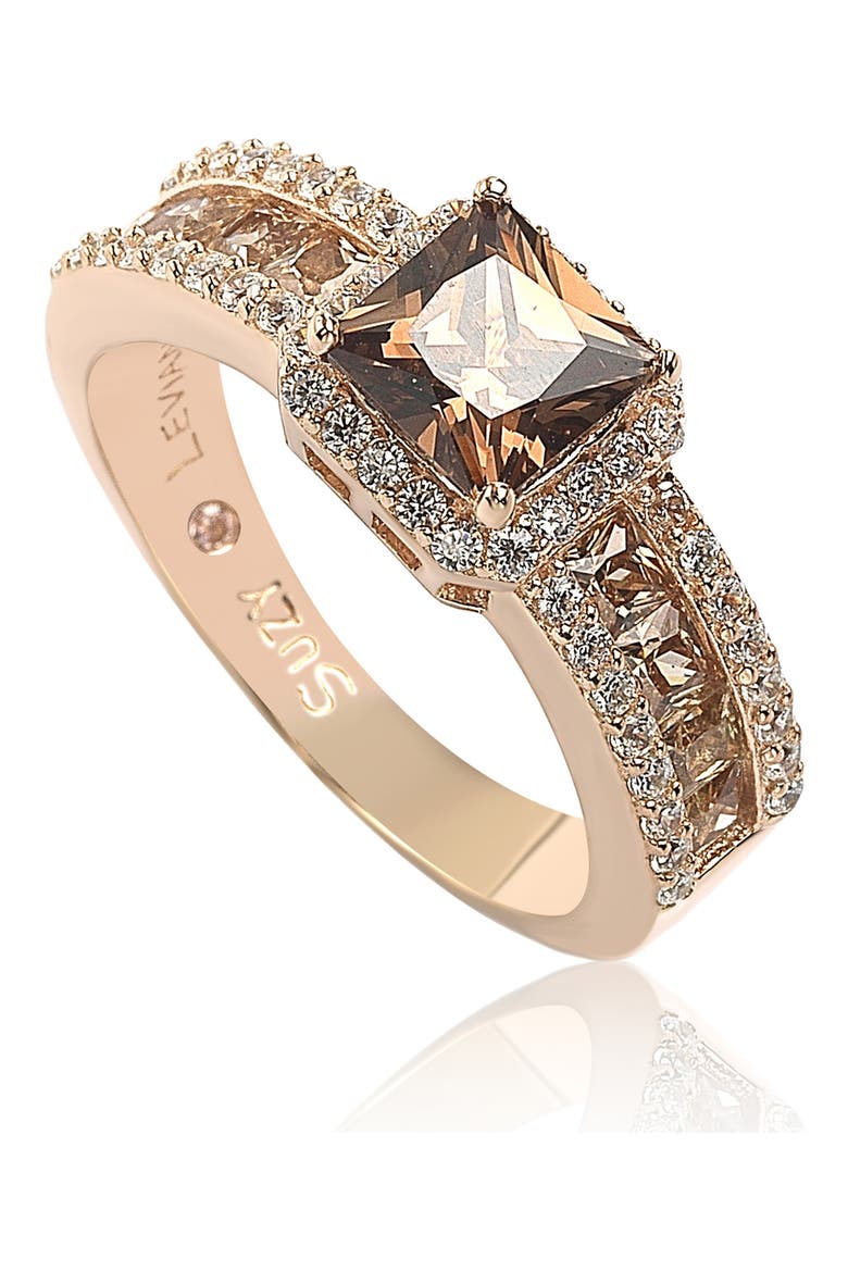 14K Rose Gold Plated Sterling Silver White CZ Halo & Brown Princess-Cut CZ Bridal Ring, Main, color, BROWN