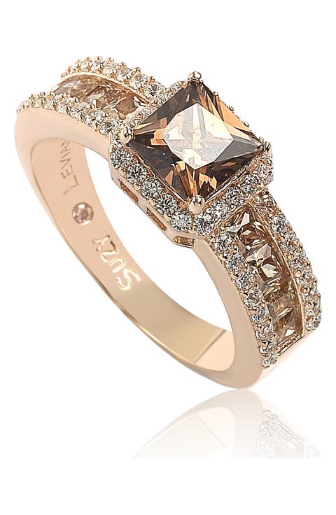 14K Rose Gold Plated Sterling Silver White CZ Halo & Brown Princess-Cut CZ Bridal Ring