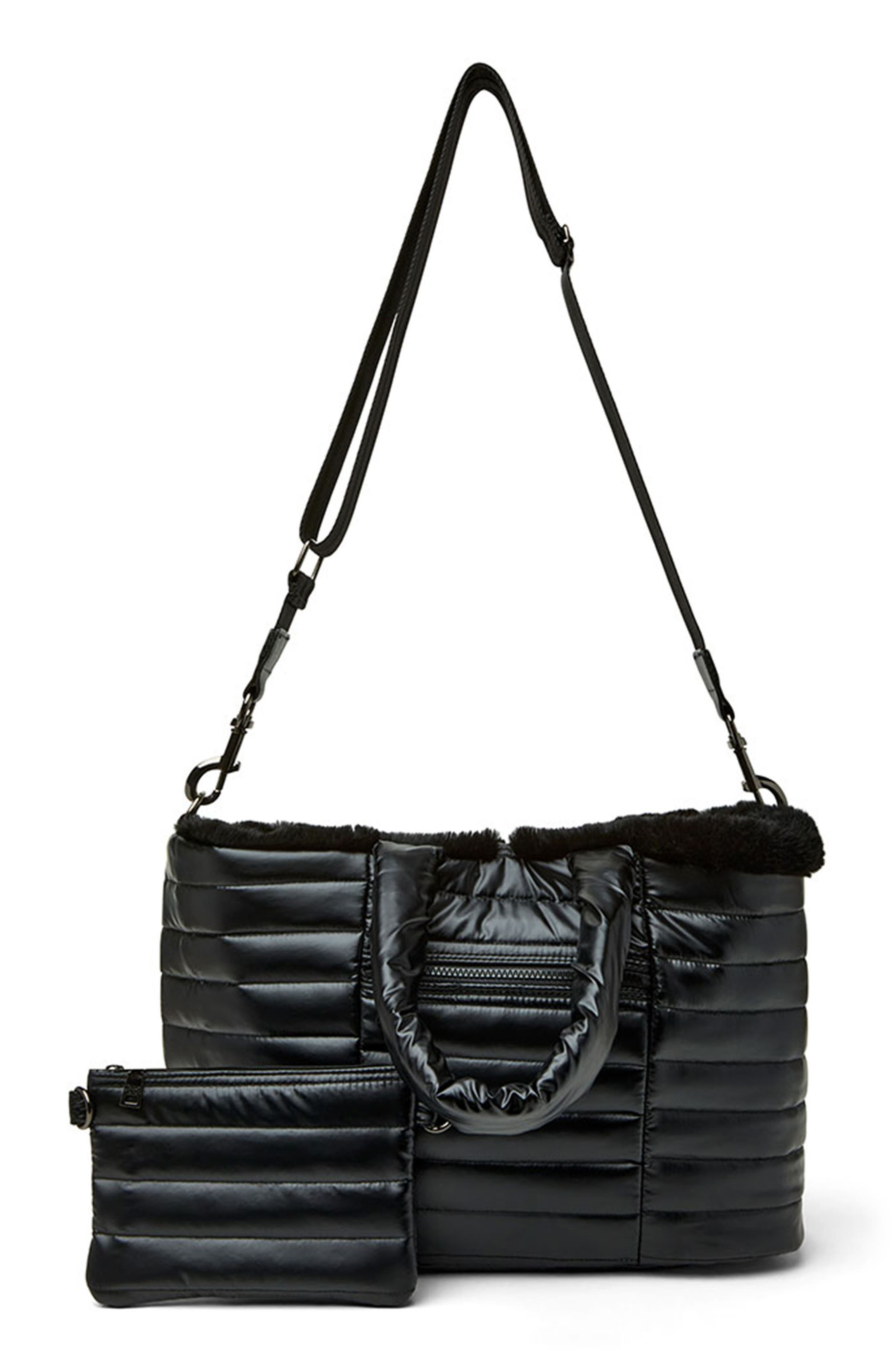 THINK ROYLN Duplex Reversible Faux Fur Trim Tote & Pouch, Alternate, color, Pearl Black/ Black Faux Fur