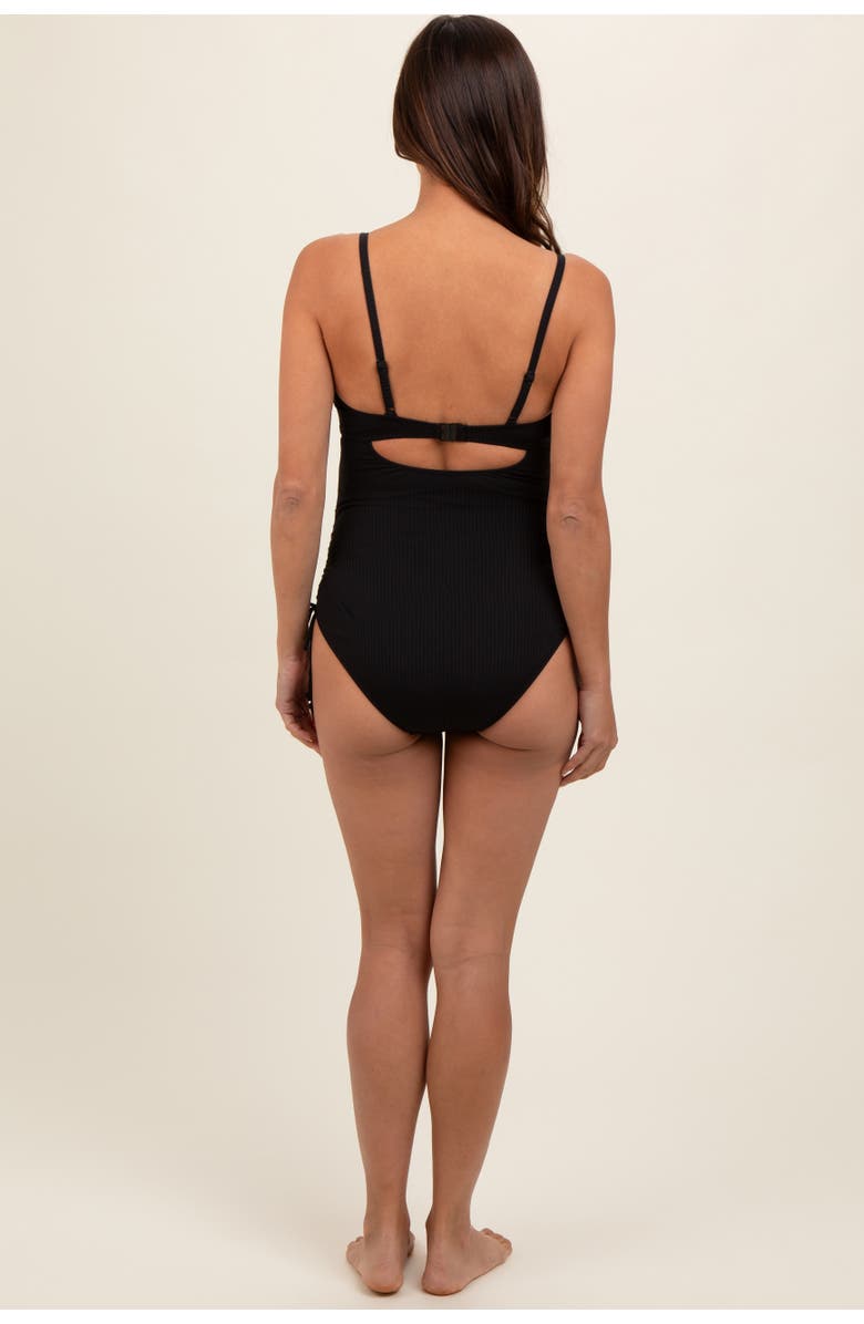 PinkBlush Ribbed Wrap Front Drawstring Side One-Piece Swimsuit, Alternate, color, Black