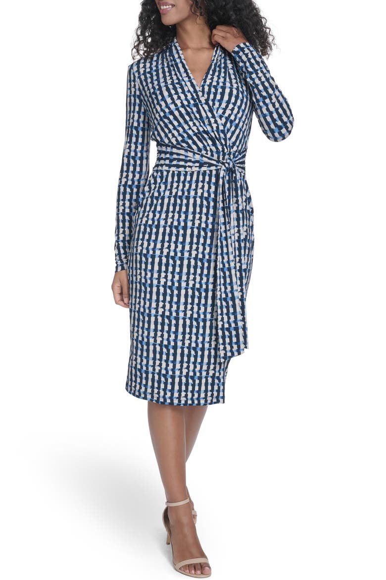 Long Sleeve Tie Waist Faux Wrap Dress, Main, color, INDIGO/ STONEY BEIGE MULTI