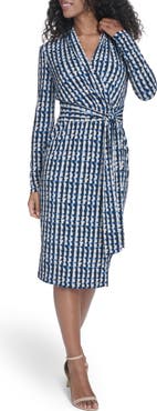 Calvin Klein Long Sleeve Tie Waist Faux Wrap Dress