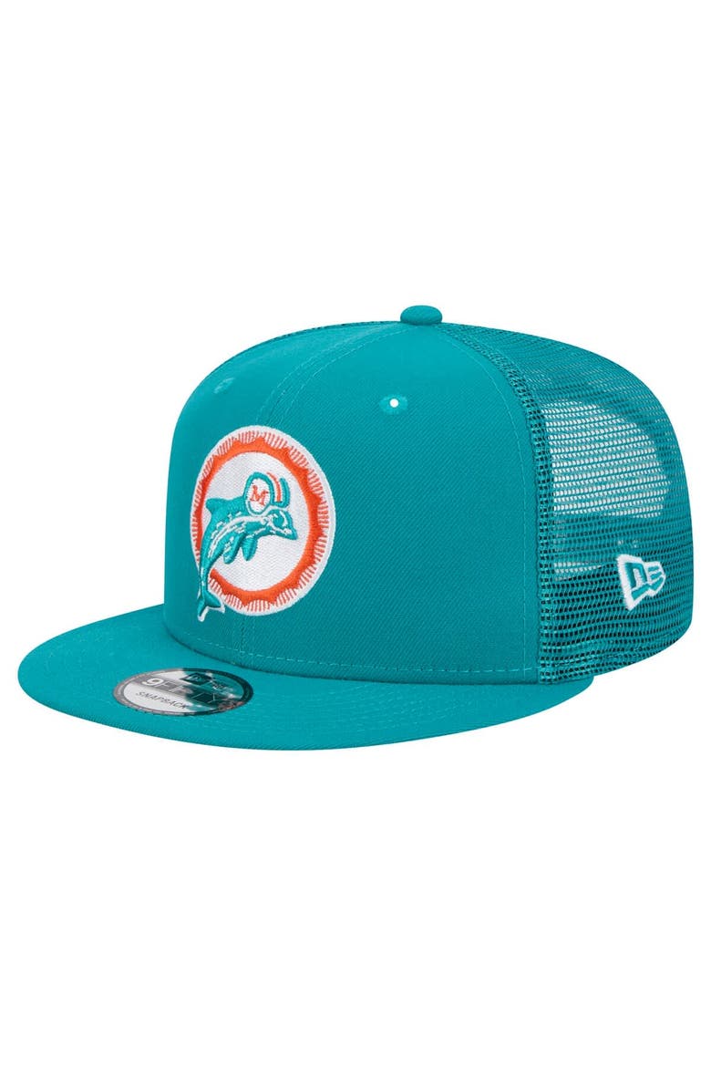 Men's New Era Aqua Miami Dolphins Throwback Main Trucker 9FIFTY Snapback Hat, Main, color, Aqua