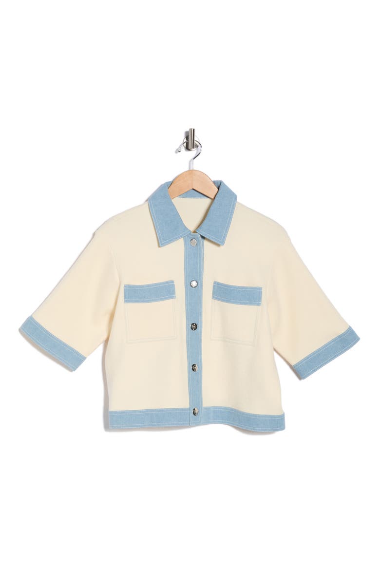 Denim Trim Short Sleeve Cardigan, Alternate, color, ECRU/ LIGHT DENIM