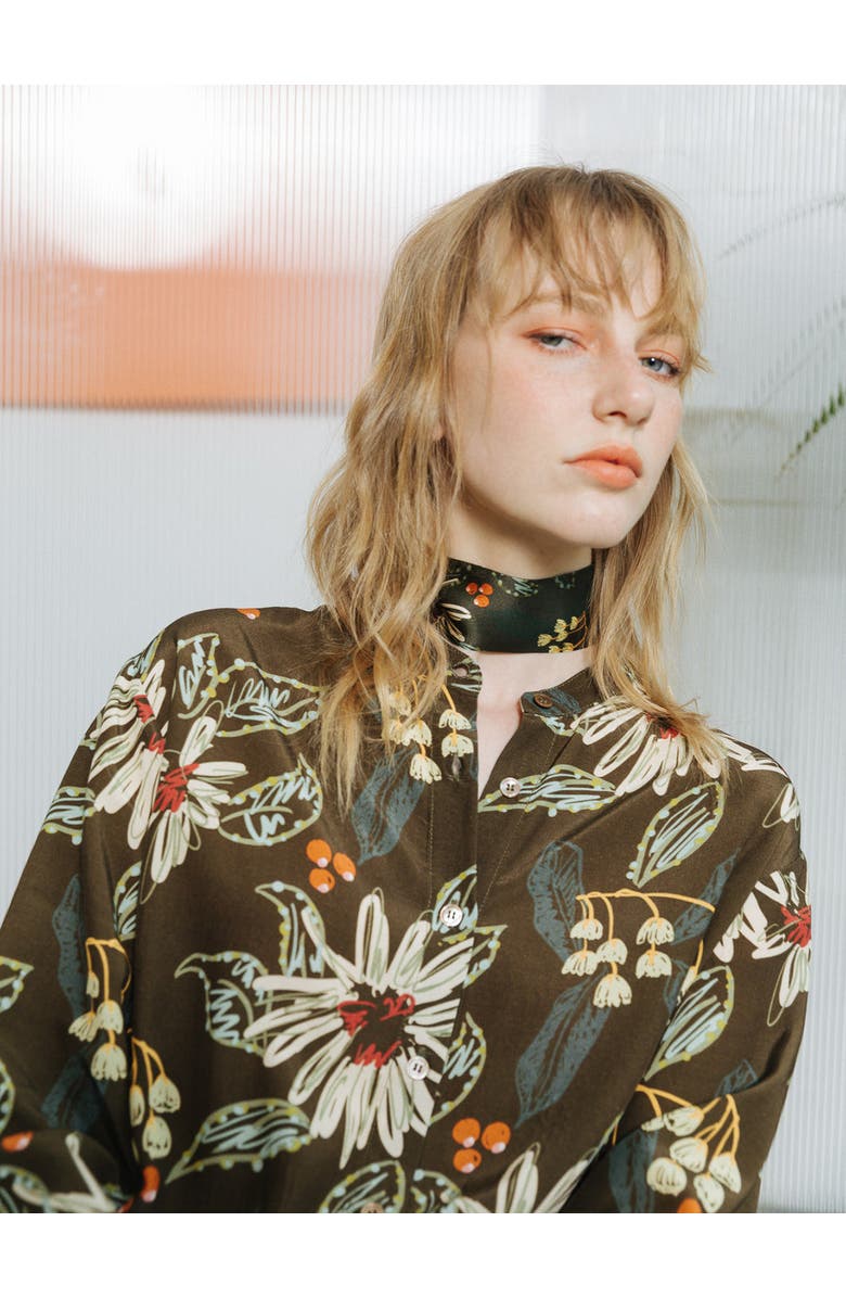 Lost Pattern "Forest Charm" Silk Skinny Scarf, Alternate, color, Moss Green