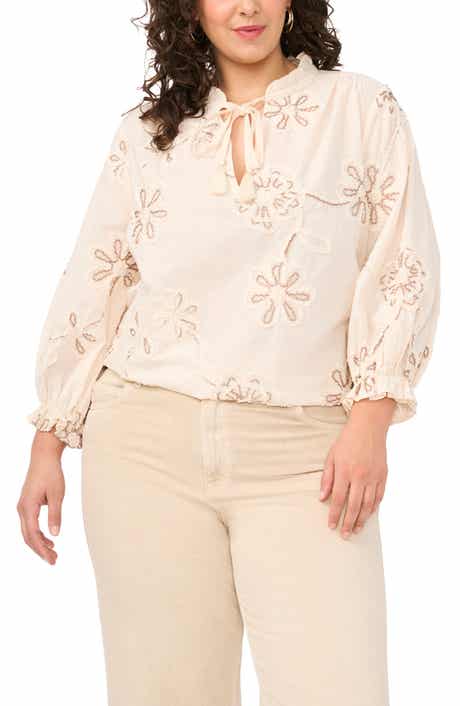 Flower Appliqué Tie Neck Top