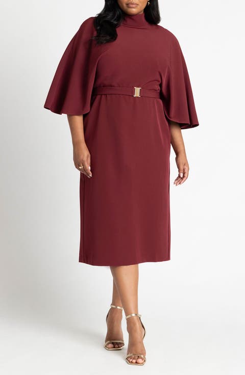 Cape Sleeve Belted Midi Dress (Plus)