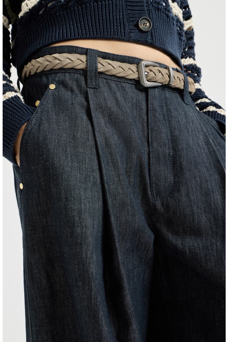 Cotton Denim-effect Twill Pleated Barrel Trousers With Monili, Alternate, color, Denim