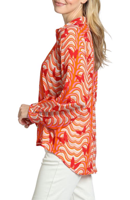Apny Butterfly Print Johnny Collar Top In Orange