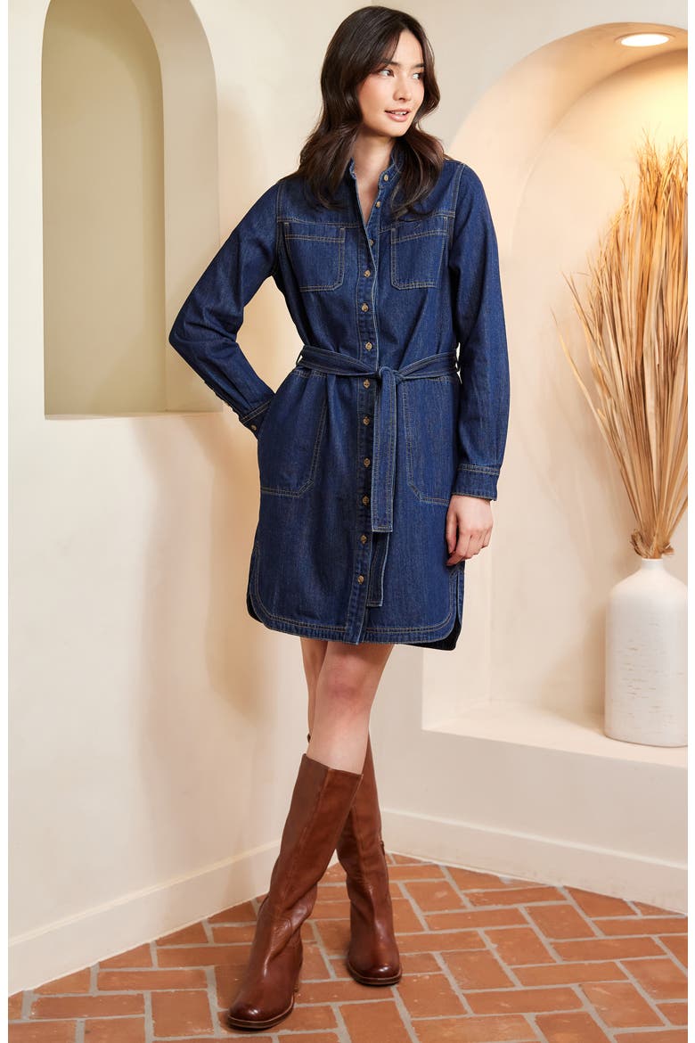 Belted Long Sleeve Denim Shirtdress, Alternate, color, INDIGO