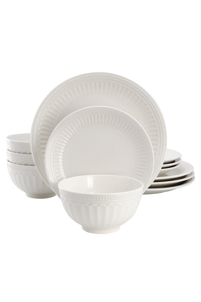 12 Piece Stoneware Dinnerware Set, Main, color, White