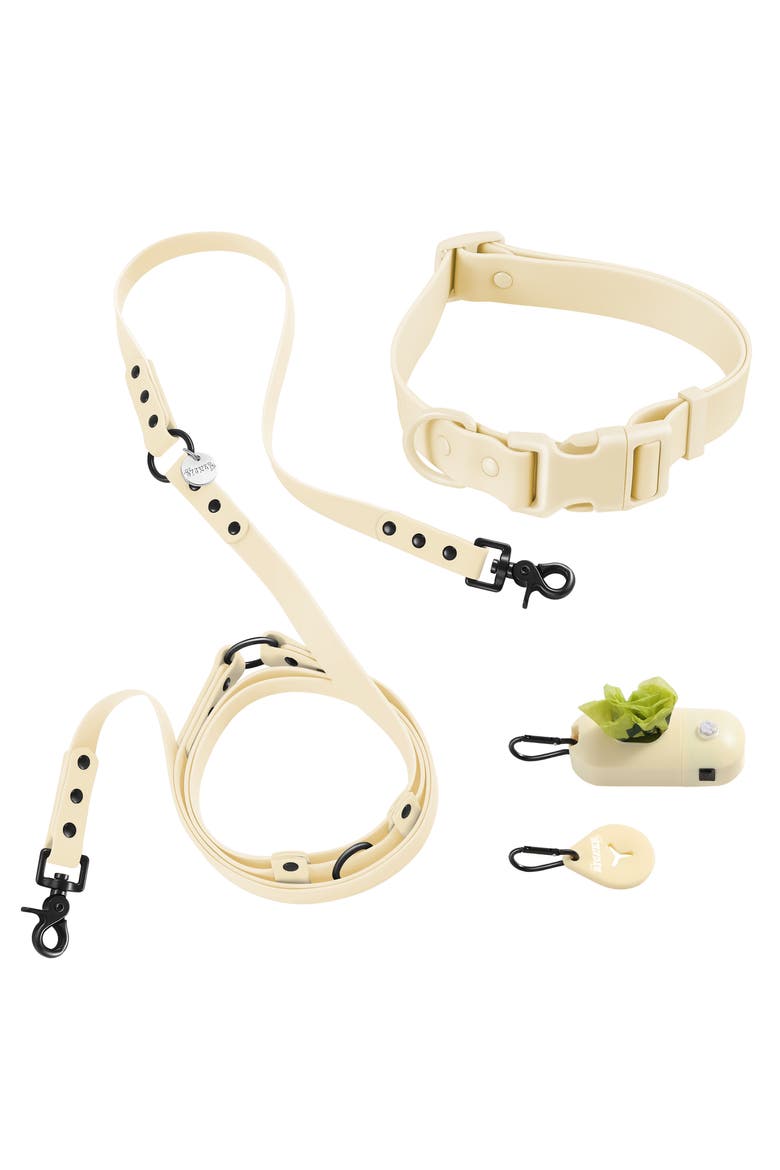 Luna Adjustable 6-in-1 Waterproof Hands-Free Leash and Collar with LED Flashlight, Bag Dispenser, and Poop Bag Holder, Main, color, Almond