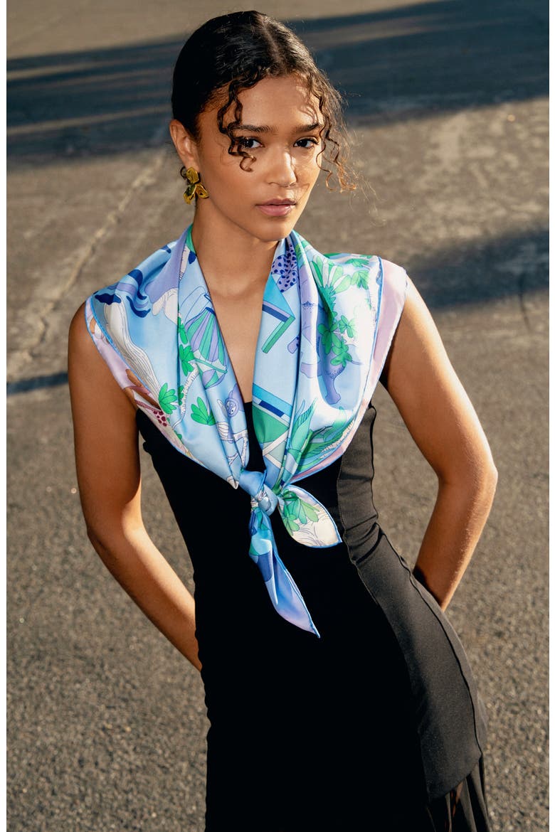 Double Sided Silk Scarf Jungle Party, Alternate, color, Blue