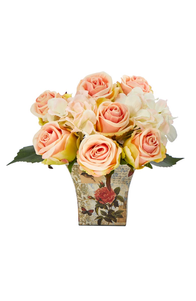 NEARLY NATURAL 8-in Rose and Hydrangea Bouquet Artificial Arrangement in Floral Vase, Main, color, Peach