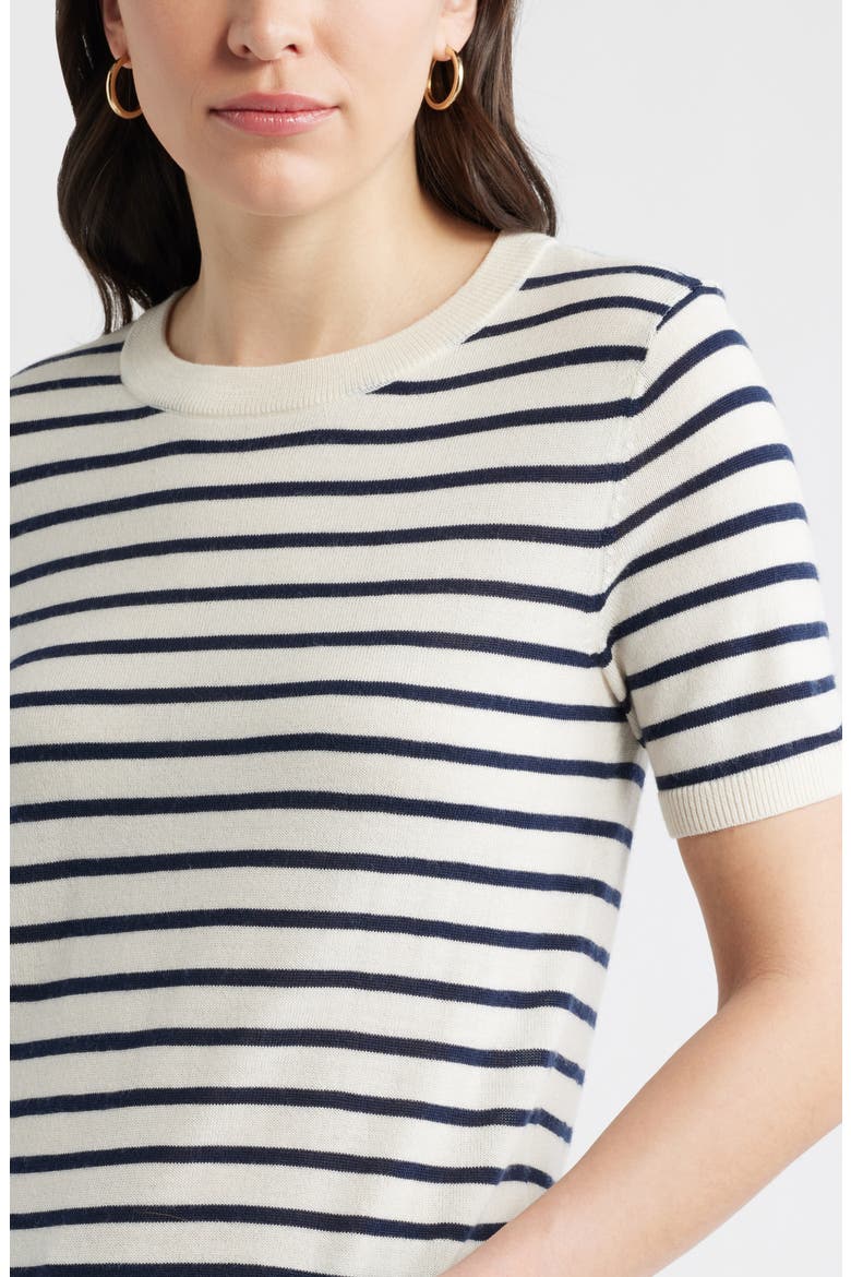 Short Sleeve Merino Wool Blend Sweater Top, Alternate, color, IVORY- NAVY JOSEPHINE STRIPE