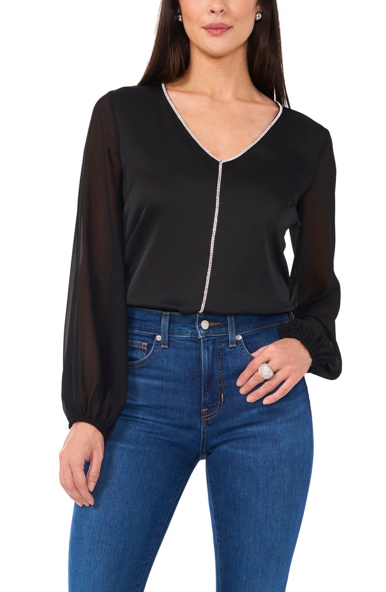 Vince Camuto Rhinestone Chiffon Sleeve Top, Main, color, Rich Black