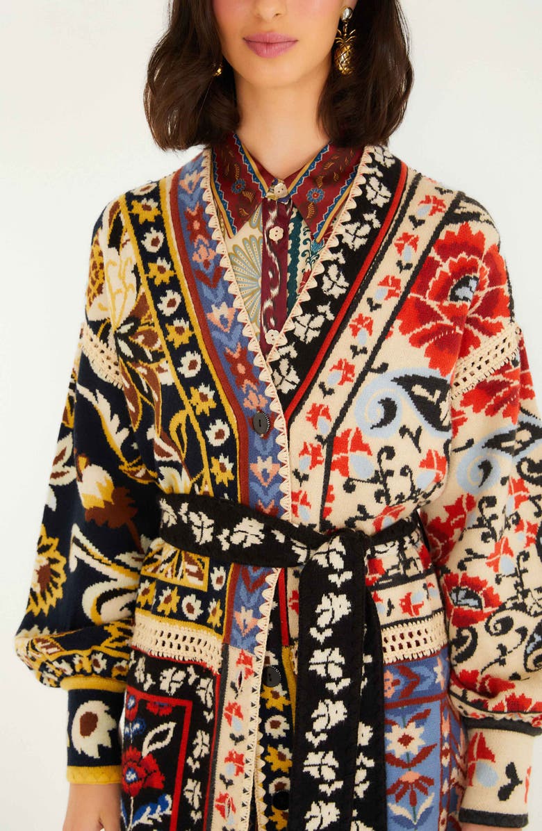FARM Rio Flower Print Patchwork Belted Cardigan, Alternate, color,