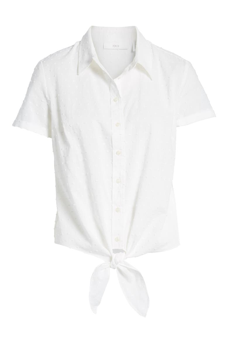 Tie Front Button Down Clip Dot Shirt, Alternate, color, IVORY CLOUD