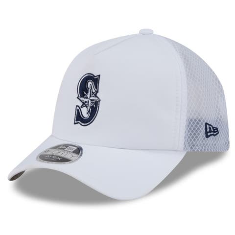 Men's New Era White Seattle Mariners 2026 Batting Practice Apex 9FORTY Adjustable Trucker Hat