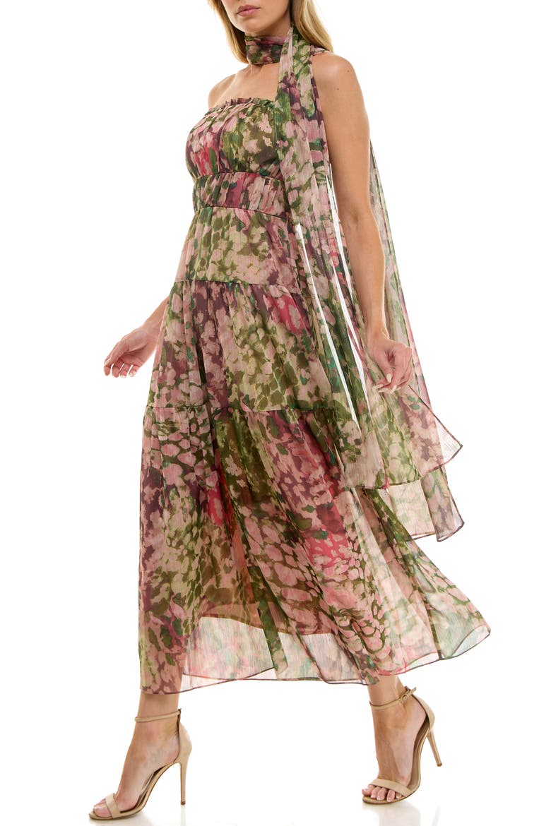 Metallic Floral Strapless Dress & Scarf Set, Alternate, color, OLIVE/ PINK