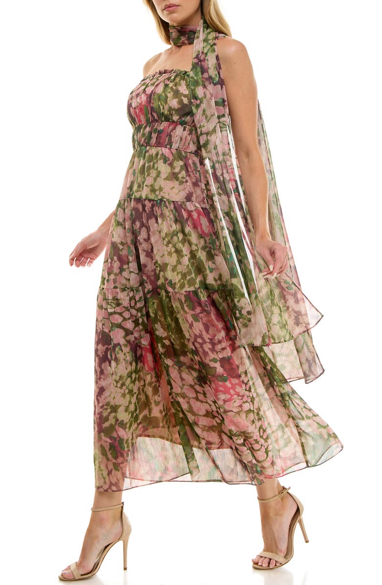 Socialite Metallic Floral Strapless Dress & Scarf Set, Alternate, color, Olive/ Pink